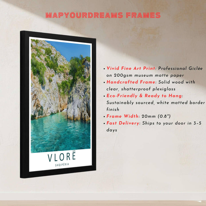 This delicate vector artwork of the Albanian Riviera captures rich geological textures and clear blue waters for sophisticated interior styling. Discover versatile options including unframed matte prints, custom wood frames, and dimensional canvas wraps.