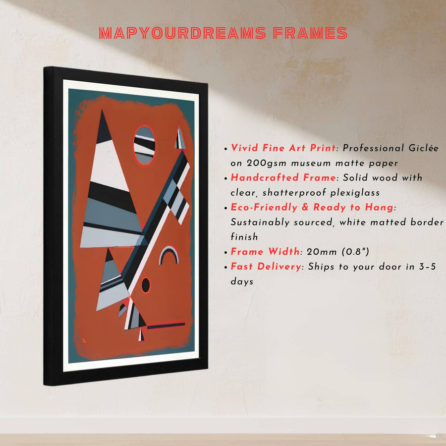 This magnificent reproduction of the Wassily Kandinsky Gray Gris poster celebrates the balanced arrangement of triangular motifs against an atmospheric museum-grade backdrop. MapYourDreams makes it easy to style your home by offering this art piece in flexible formats, including unframed prints, elegant custom frames, and professional canvas wraps.