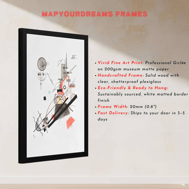 This magnificent reproduction of the Wassily Kandinsky Joyful Ascent poster celebrates the balanced arrangement of ascending motifs against an atmospheric museum-grade backdrop. MapYourDreams makes it easy to style your home by offering this art piece in flexible formats, including unframed prints, elegant custom frames, and professional canvas wraps.