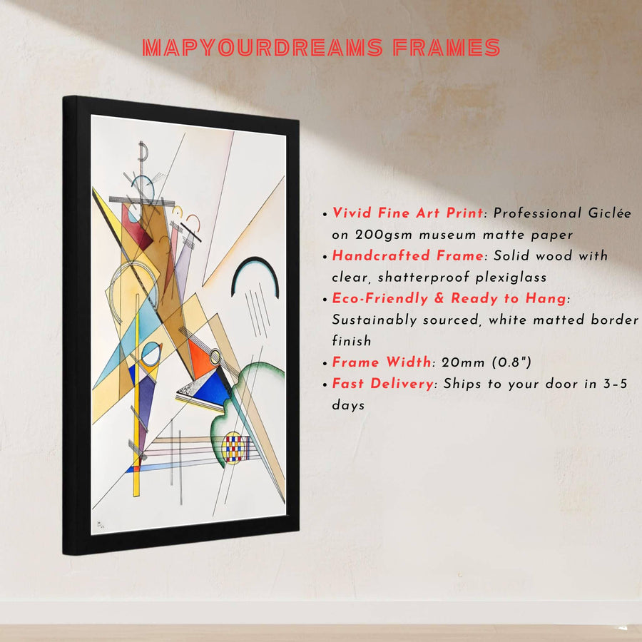 This magnificent reproduction of the Wassily Kandinsky Web Gewebe poster celebrates the balanced arrangement of intersecting webs against an atmospheric museum-grade backdrop. MapYourDreams makes it easy to style your home by offering this art piece in flexible formats, including unframed prints, elegant custom frames, and professional canvas wraps.