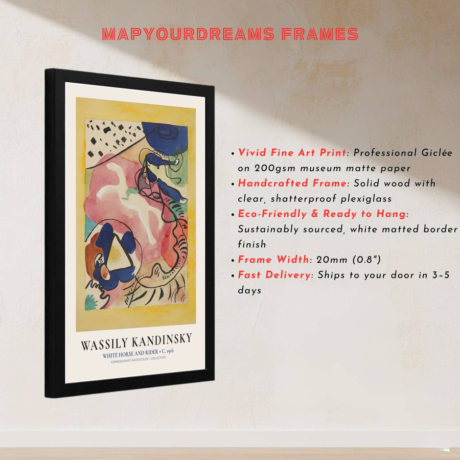 This magnificent reproduction of the White Horse And Rider watercolor poster celebrates the fluid interplay of color and movement against an atmospheric watercolor backdrop. MapYourDreams makes it easy to style your home by offering this art piece in flexible formats, including unframed prints, elegant custom frames, and professional canvas wraps.