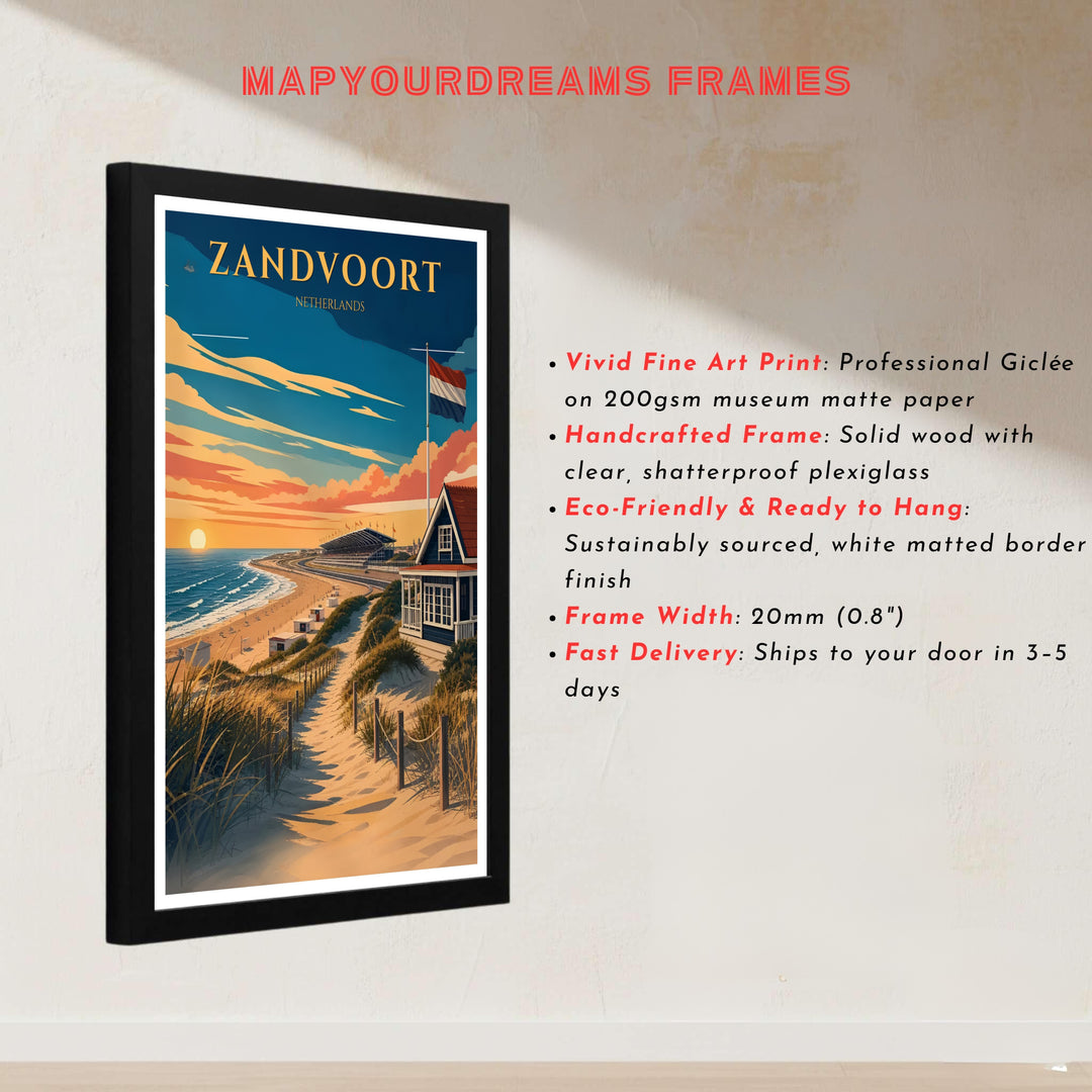 European coastal illustration showcasing Zandvoort beach dunes and Circuit Zandvoort grandstands bathed in warm sunset light, presented by MapYourDreams with choices for unframed poster prints, museum wrapped canvas, or custom frame finishes in black, white, pure gold, and retro white.