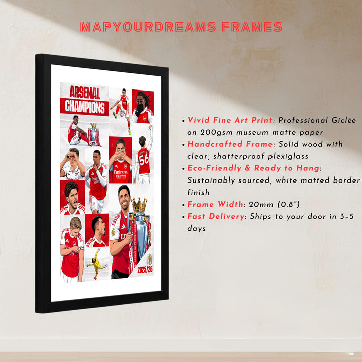 Sports fan wall decor poster print of Arsenal 2025/26 Premier League Champions at Emirates Stadium, available as unframed prints, framed options, or canvas wall art for feature walls.