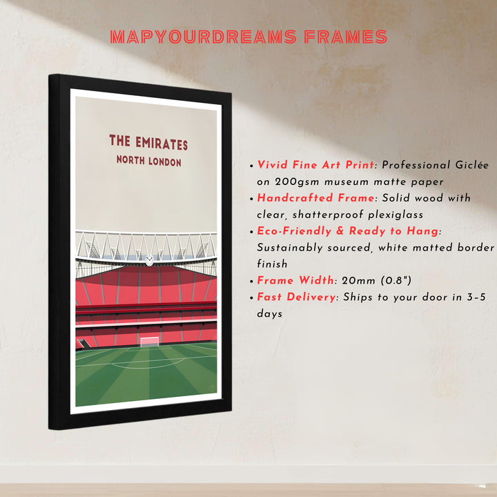Minimalist visual review poster print highlighting Arsenal home ground Emirates Stadium in North London, available as unframed prints, framed wall art, or canvas wall decor for collectors.
