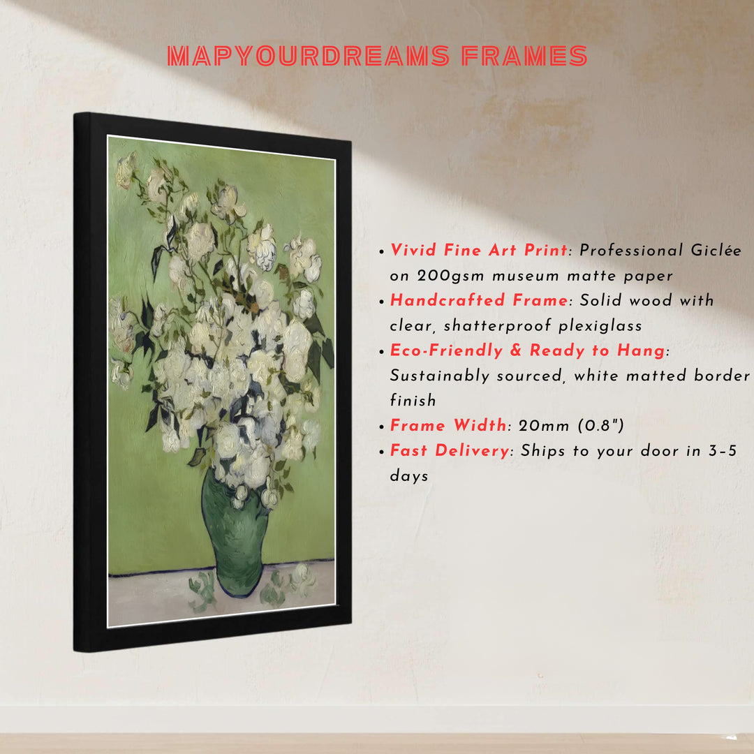 European master painter art print of Vincent van Gogh Roses 1890 displaying textured oil paint layers in Saint-Remy-de-Provence France. MapYourDreams presents quality framed wall art, unframed poster options, and stretched canvas formats for curated residential spaces.