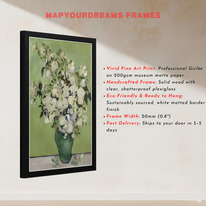 European master painter art print of Vincent van Gogh Roses 1890 displaying textured oil paint layers in Saint-Remy-de-Provence France. MapYourDreams presents quality framed wall art, unframed poster options, and stretched canvas formats for curated residential spaces.
