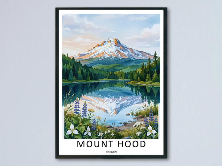 Mount Hood poster in a soft watercolor style with a snow-capped peak reflecting in Trillium Lake, displayed in a sleek black frame against a clean, neutral wall for a modern living room gallery.