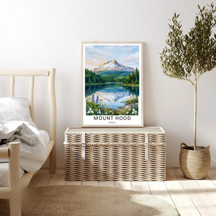Minimalist yet colorful Mount Hood landscape print. Soft sky gradients and detailed evergreen forest textures create a beautiful, calming focal point for modern bedrooms and entryways.