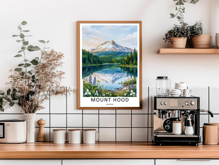 Large brown framed wall art of Oregon wilderness scenery. High-definition archival inks ensure the rich blues, greens, and purple wildflower tones stay vibrant over time as a dining room centerpiece.