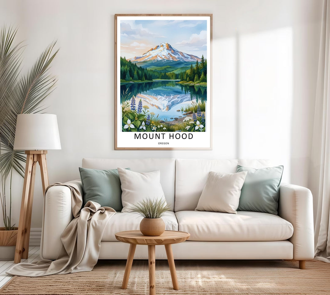 Mount Hood poster print available in framed, unframed, or canvas options. Sophisticated nature illustration combining iconic mountain peaks with organic floral motifs for cozy interior styles.