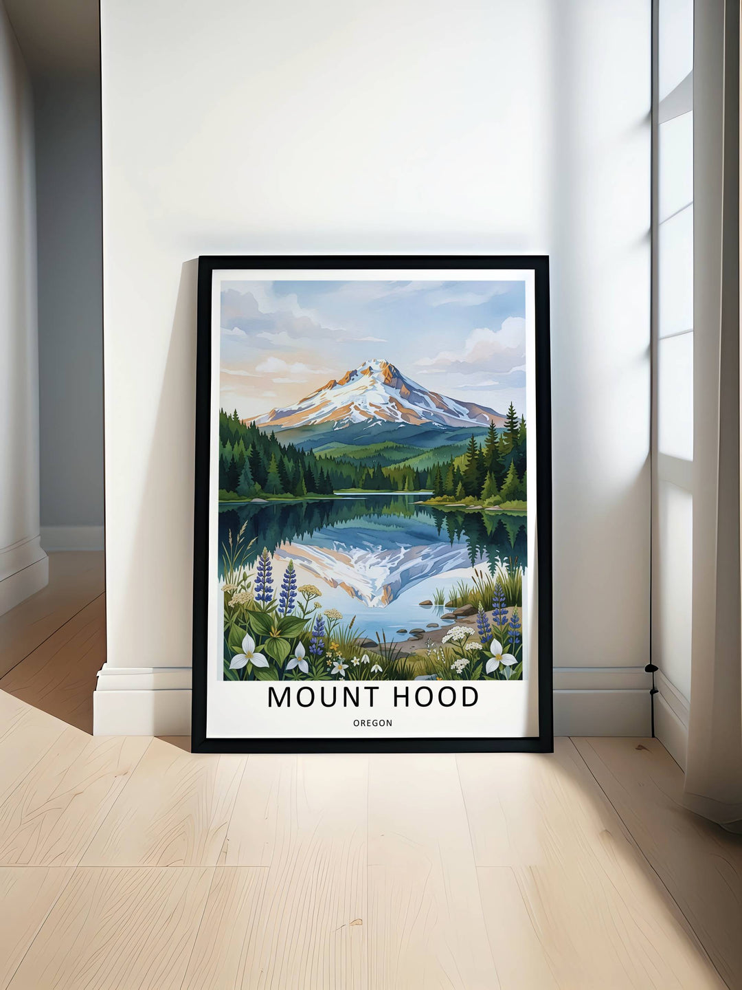 Close-up of the museum-quality paper texture on our black framed Mount Hood skyline poster. Crisp typography reading Mount Hood Oregon stands out clearly at the bottom of this travel art print.