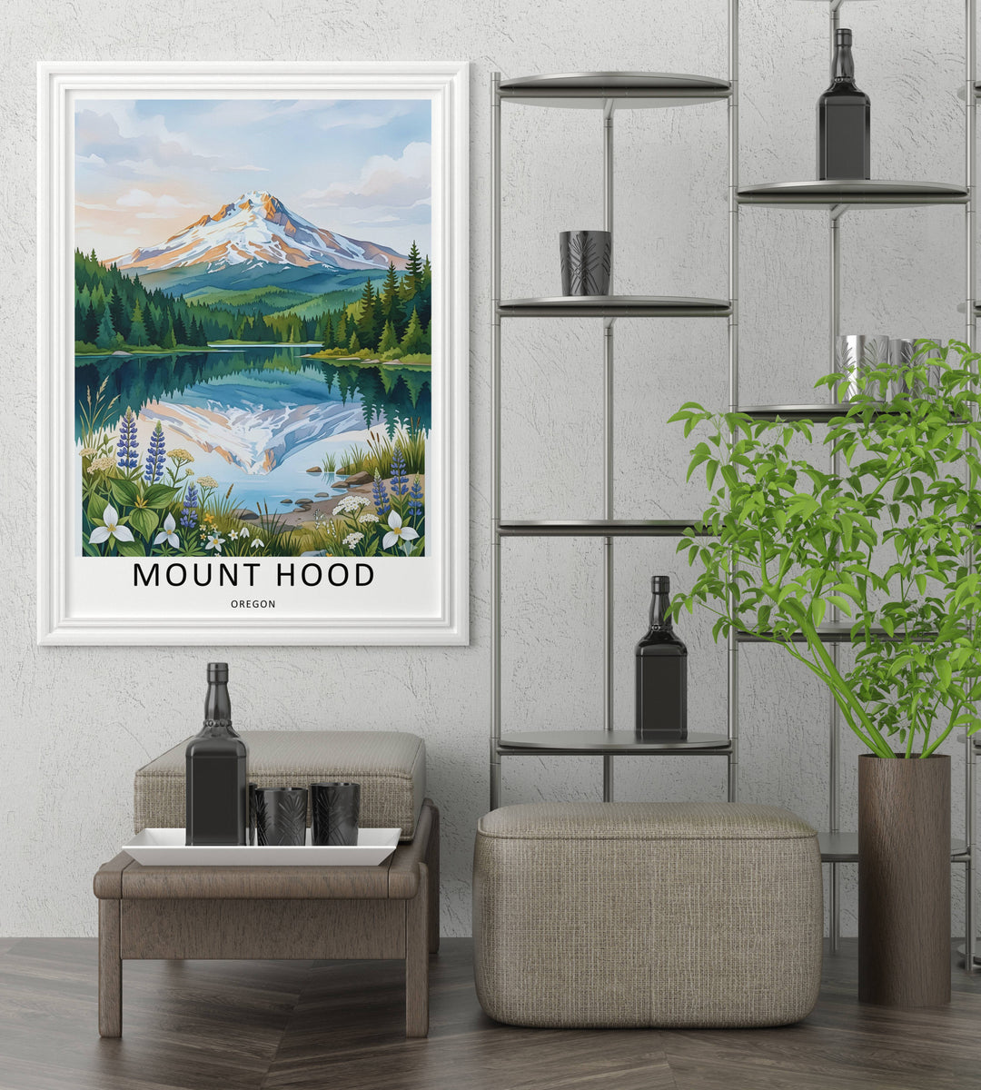 Artistic watercolor mountain wall decor hanging in a beautifully styled interior room setup. Demonstrates how the green and blue landscape enhances neutral wall paint and modern furniture.