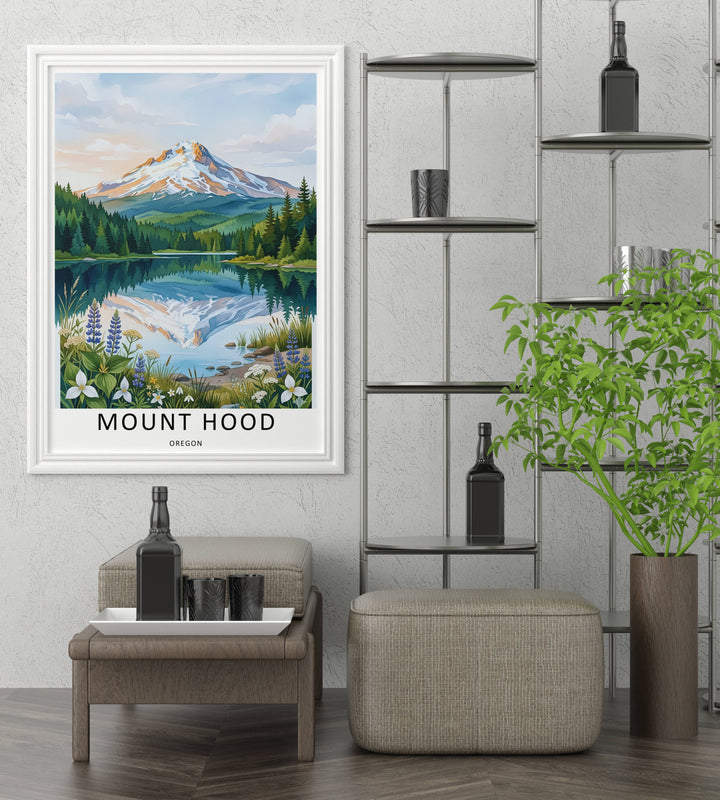 Artistic watercolor mountain wall decor hanging in a beautifully styled interior room setup. Demonstrates how the green and blue landscape enhances neutral wall paint and modern furniture.