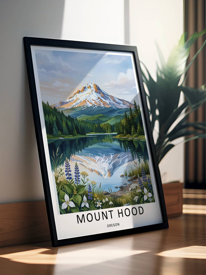 Beautiful Mount Hood lake reflection graphic print with soft wild flowers. A thoughtful graduation or moving gift for hikers, campers, and travelers who love the dramatic scenery of Oregon.