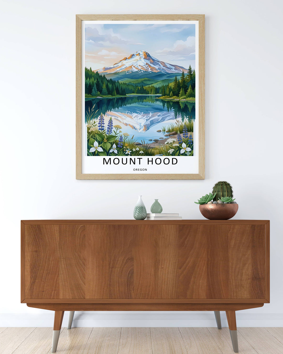 Framed Pacific Northwest travel poster highlighting the majestic snow-covered volcano and blooming alpine flowers. Sleek black frame design adds a professional gallery finish to office spaces.