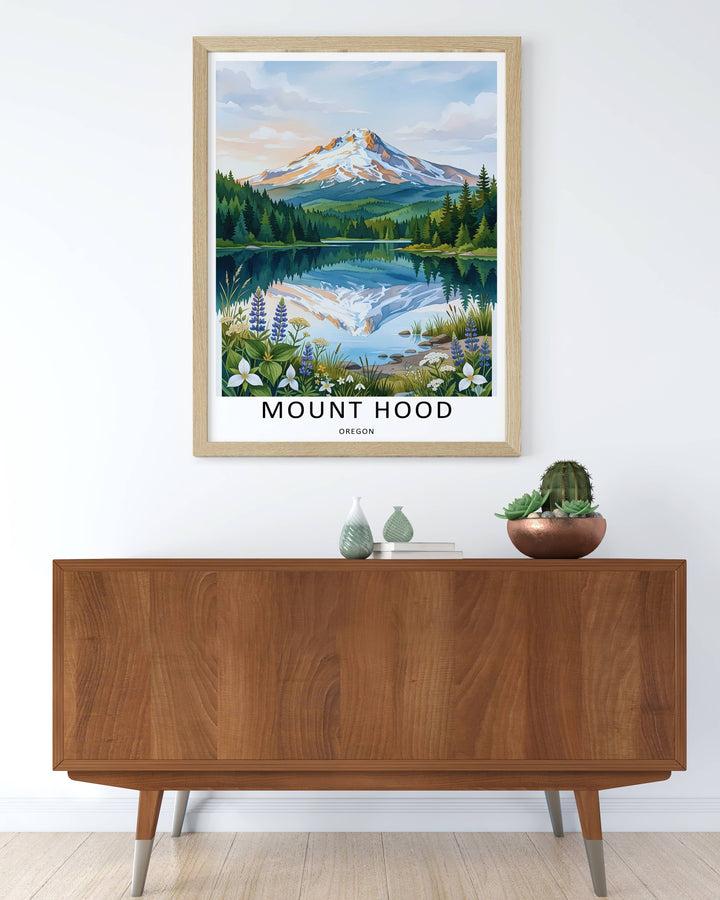 Framed Pacific Northwest travel poster highlighting the majestic snow-covered volcano and blooming alpine flowers. Sleek black frame design adds a professional gallery finish to office spaces.