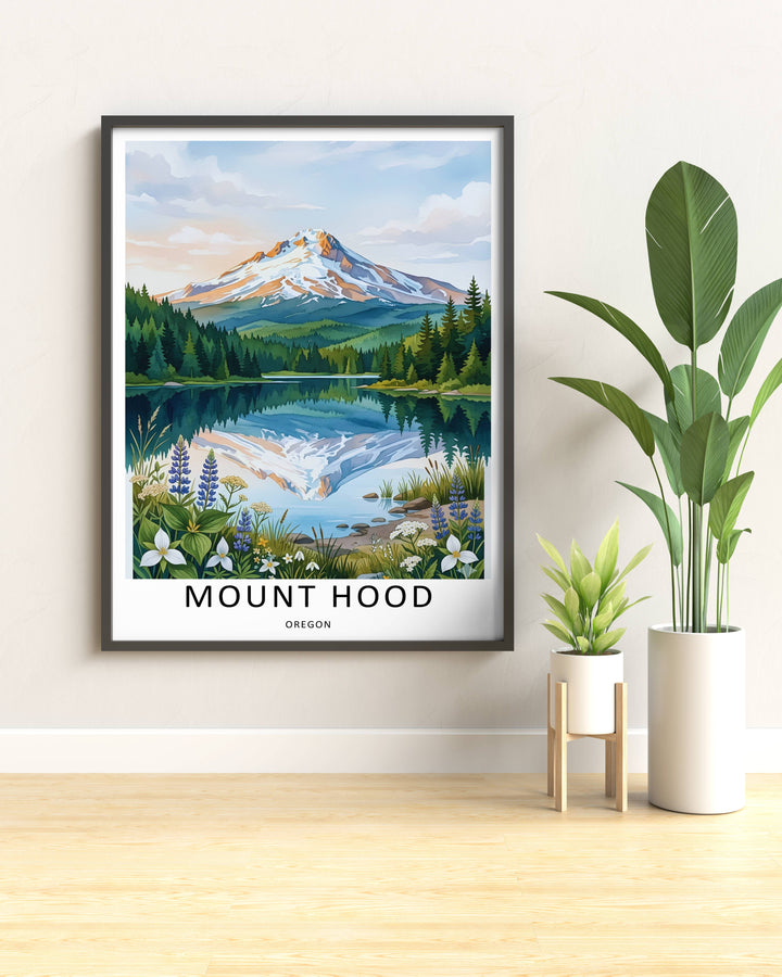Framed Pacific Northwest travel poster highlighting the majestic snow-covered volcano and blooming alpine flowers. Sleek black frame design adds a professional gallery finish to office spaces.