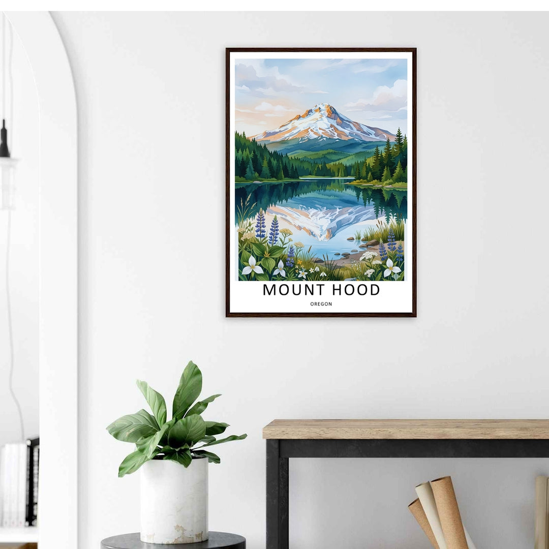Framed Pacific Northwest travel poster highlighting the majestic snow-covered volcano and blooming alpine flowers. Sleek black frame design adds a professional gallery finish to office spaces.