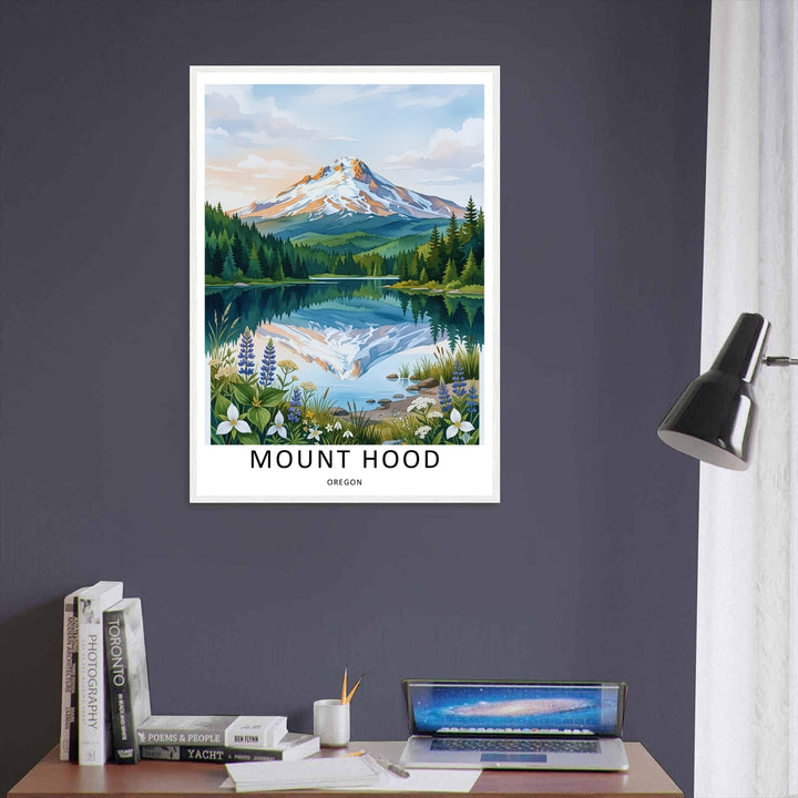 Unframed Oregon nature print showcasing detailed illustrations of purple lupine and white trillium wildflowers in the foreground, printed on premium matte paper for custom home decor setups.