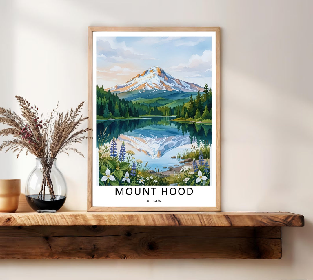 Detailed view of the Oregon mountain wall art print showcased in a display frame. Crisp watercolor textures and soothing wilderness colors make a sophisticated, thoughtful housewarming gift.