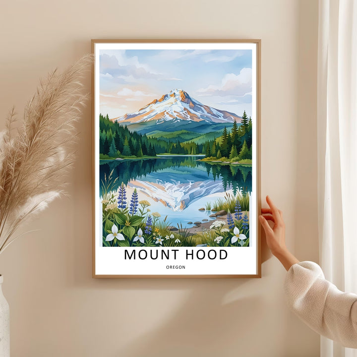 High-quality wooden framed print of Mount Hood Oregon landscape with deep green pine trees and glassy water reflections. Ready to hang gallery wrapped wall art for contemporary cabin and lake houses.