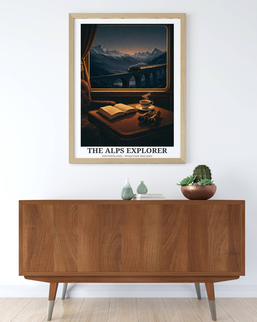 A minimalist graphic illustration of the Orient Express crossing an alpine bridge in the snow, perfect as a luxury gift for train enthusiasts and lovers of vintage European travel.