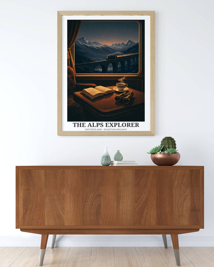 A minimalist graphic illustration of the Orient Express crossing an alpine bridge in the snow, perfect as a luxury gift for train enthusiasts and lovers of vintage European travel.