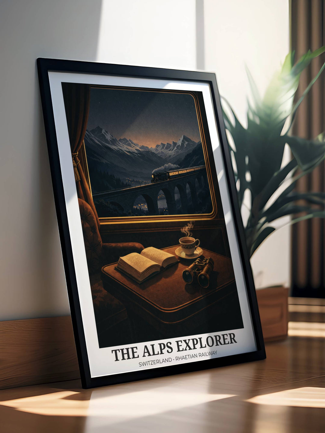 A vintage-style travel poster of the Orient Express Alps Explorer train winding through snow-capped mountain peaks and pine forests under a crisp blue winter sky for home decor.