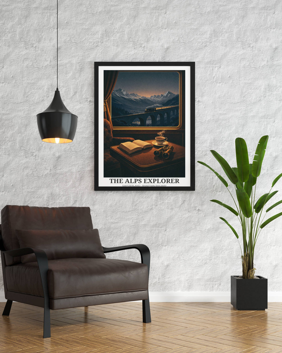 High-quality wall art print of the iconic navy and gold Orient Express luxury train carriages traveling through a dramatic Swiss Alps mountain landscape in a modern Art Deco style.