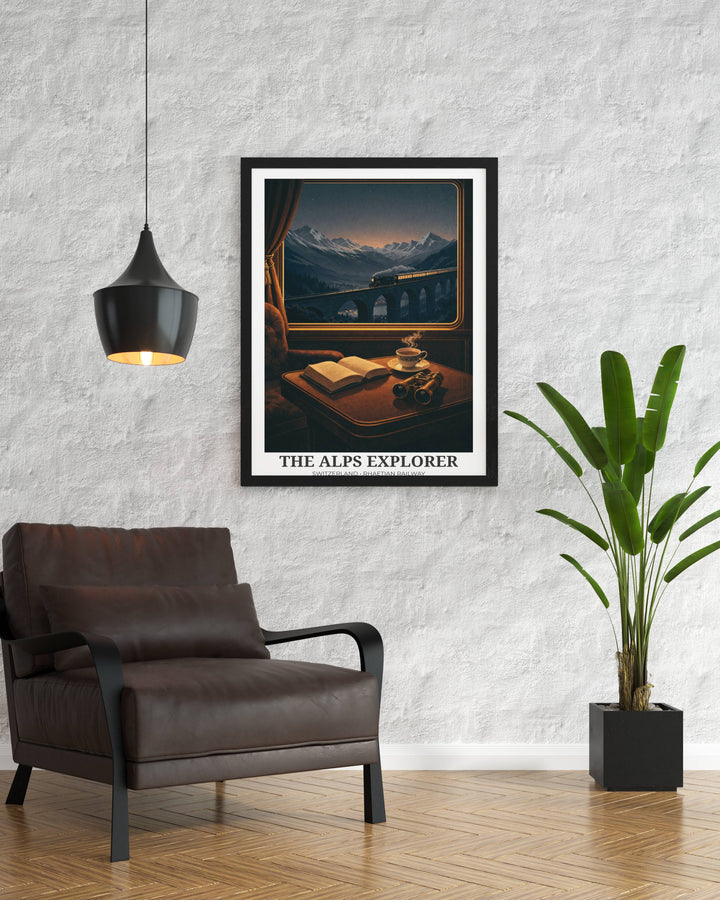 High-quality wall art print of the iconic navy and gold Orient Express luxury train carriages traveling through a dramatic Swiss Alps mountain landscape in a modern Art Deco style.