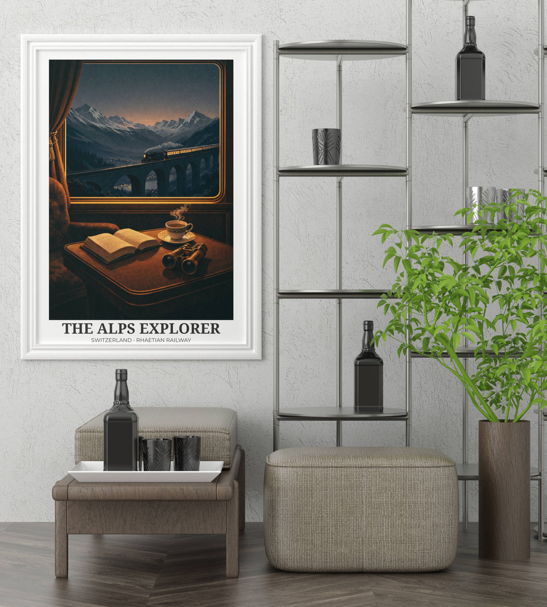 Poster of a mountain scene with a train, placed on a wall in a modern living room.