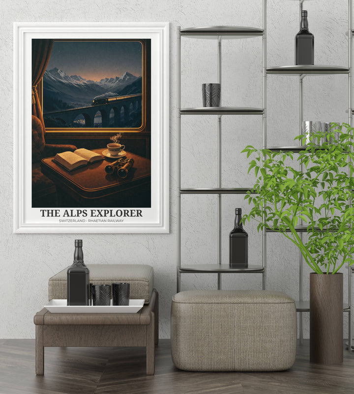 Poster of a mountain scene with a train, placed on a wall in a modern living room.