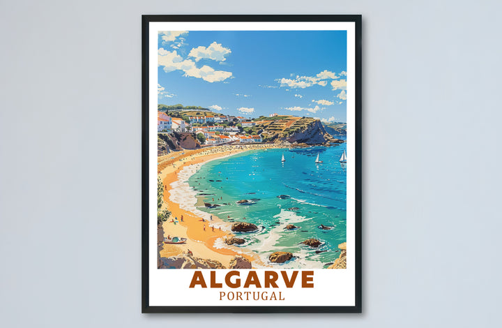 Rich cerulean ocean and warm terracotta colors combine in this timeless Lagos, Algarve, Portugal travel poster design. Choose tailored framed, unframed, and canvas print options at MapYourDreams to suit decor.