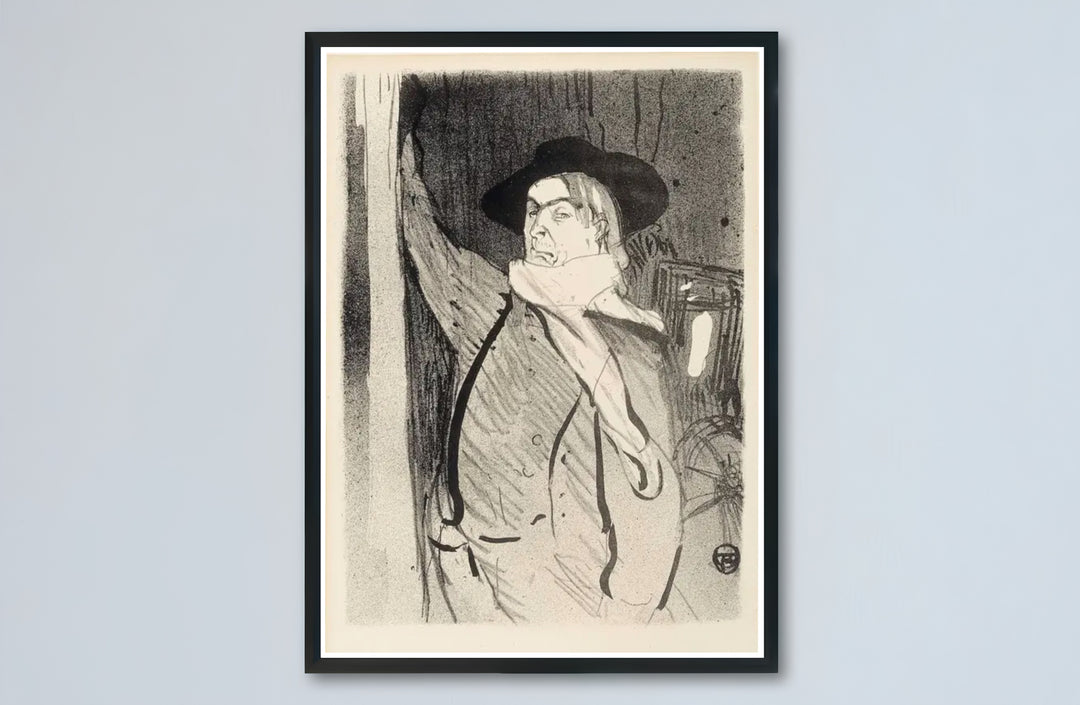 European post-impressionist artwork print showing Henri de Toulouse-Lautrec Aristide Bruant 1893 in hat and coat in Montmartre Paris France. MapYourDreams presents quality framed, unframed, and canvas print options for home decor.