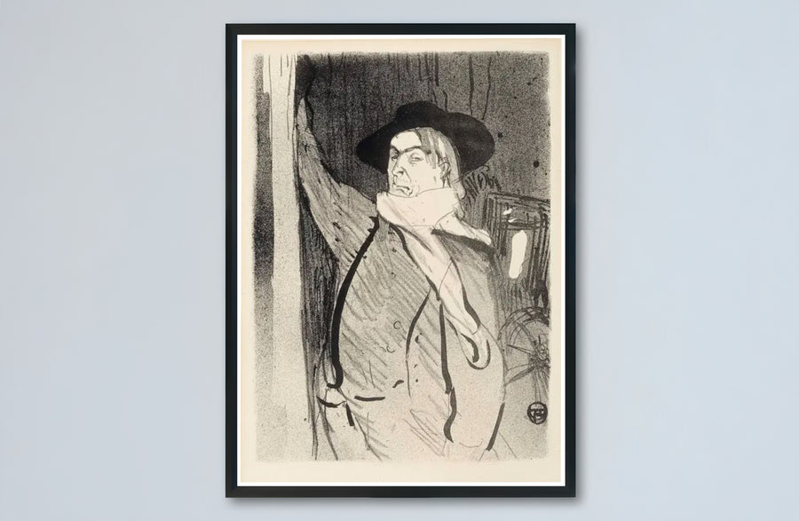 European post-impressionist artwork print showing Henri de Toulouse-Lautrec Aristide Bruant 1893 in hat and coat in Montmartre Paris France. MapYourDreams presents quality framed, unframed, and canvas print options for home decor.