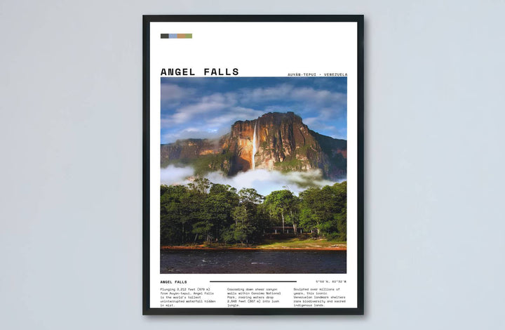 Architectural sandstone cliff and rainforest landscape print showing the vast scale of Angel Falls in Venezuela. Designed by MapYourDreams to suit modern interiors, this piece comes in versatile choices like unframed paper, solid wood frames, and gallery canvas formats.