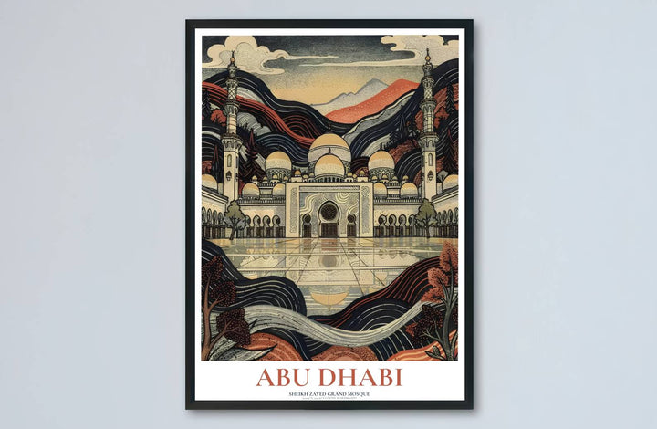 Artistic courtyard reflection view of Sheikh Zayed Grand Mosque Abu Dhabi with detailed woodblock stippling. Made by MapYourDreams, this artwork is available in flexible options including unframed paper, custom wooden frames, and gallery canvas wraps for sophisticated home decor.