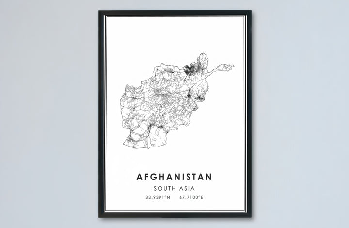 Clean modern wall art poster of Afghanistan featuring geometric road lines forming the country outline, provided by MapYourDreams as an unframed paper print, gallery canvas wall decor, or custom framed wall art in retro black and grey frames for home library spaces.