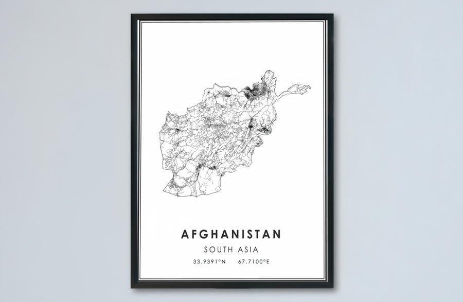 Clean modern wall art poster of Afghanistan featuring geometric road lines forming the country outline, provided by MapYourDreams as an unframed paper print, gallery canvas wall decor, or custom framed wall art in retro black and grey frames for home library spaces.