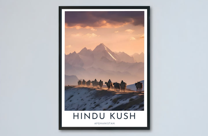 Cultural nature poster of the Hindu Kush range in Afghanistan featuring silhouetted nomads riding along a snowy mountain ridge, provided by MapYourDreams as an unframed paper print, gallery canvas wall decor, or custom framed wall art in retro black and grey frames for home spaces.
