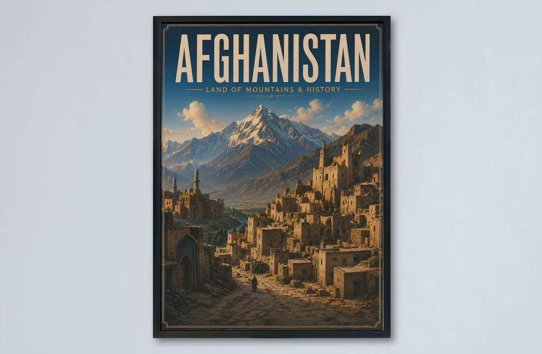 Cultural travel art poster of Afghanistan featuring historic arched entryways and mud brick homes before snowy peaks, provided by MapYourDreams as an unframed paper print, gallery canvas wall decor, or custom framed wall art in retro black and grey frames for home spaces.