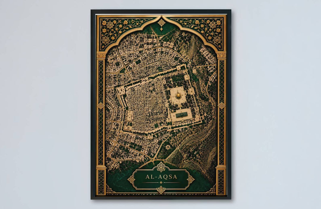 Cartographic illustration of Jerusalem Old City featuring the Al-Aqsa Compound inside a gold arched frame. Provided by MapYourDreams, this artwork is available in flexible options including unframed paper, custom wooden frames, and gallery canvas wraps for contemporary setups.