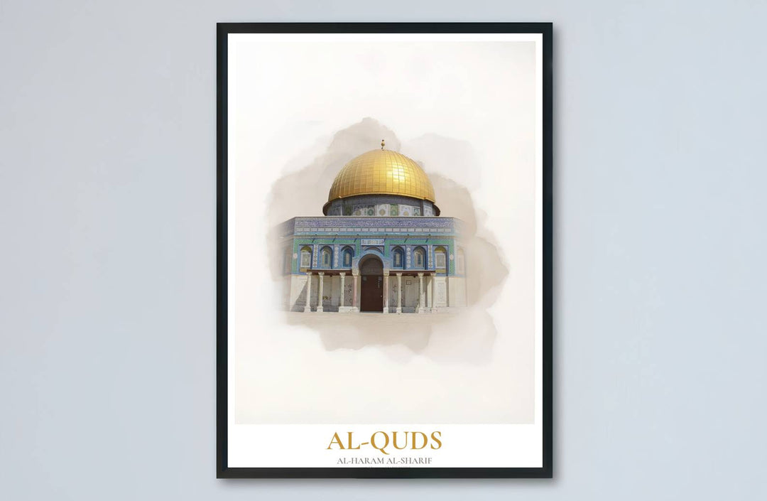 Ethereal watercolor painting print of Jerusalem Al Aqsa sanctuary showcasing the brilliant golden dome structure. Made by MapYourDreams, this artwork is available in flexible options including unframed paper, custom wooden frames, and gallery canvas wraps for living space wall art.