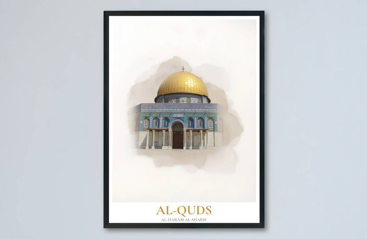 Ethereal watercolor painting print of Jerusalem Al Aqsa sanctuary showcasing the brilliant golden dome structure. Made by MapYourDreams, this artwork is available in flexible options including unframed paper, custom wooden frames, and gallery canvas wraps for living space wall art.