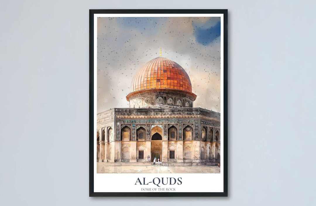 Watercolor art print of the sacred Dome of the Rock in Jerusalem Palestine with vivid blue and gold architectural details. Built by MapYourDreams, this artwork is available in flexible options including unframed paper, custom wooden frames, and gallery canvas wraps for living space wall art.