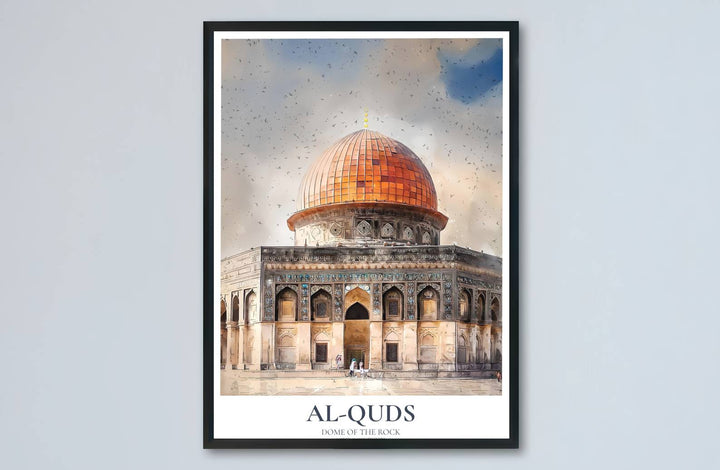 Watercolor art print of the sacred Dome of the Rock in Jerusalem Palestine with vivid blue and gold architectural details. Built by MapYourDreams, this artwork is available in flexible options including unframed paper, custom wooden frames, and gallery canvas wraps for living space wall art.