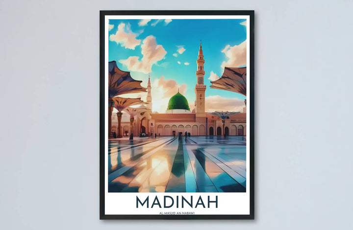 Scenic print of the Green Dome at Al Masjid An Nabawi in Madinah surrounded by umbrella canopies at dusk. Made by MapYourDreams, this artwork is available in flexible options including unframed paper, custom wooden frames, and gallery canvas wraps for sophisticated home decor.