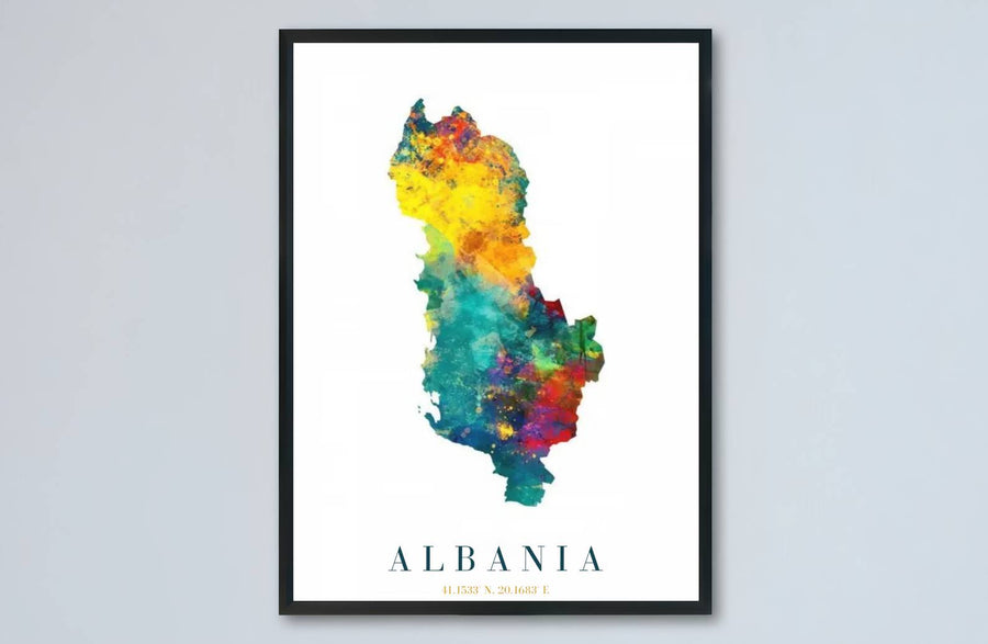 Artistic watercolor country outline of Albania presented in lively multicolored shades for striking home interior accent walls and decor layouts. Offered by MapYourDreams, this artwork is available in flexible options including unframed paper, custom wooden frames, and gallery canvas wraps.