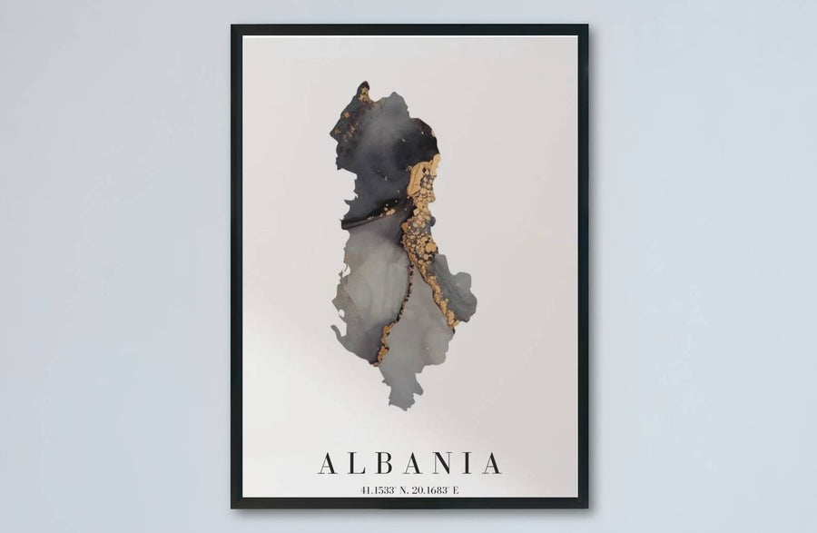 Geographic map poster of Albania highlighting its country borders in fluid black ink and gold details on a crisp white archival paper substrate. Offered by MapYourDreams, this artwork is available in flexible options including unframed paper, custom wooden frames, and gallery canvas wraps.