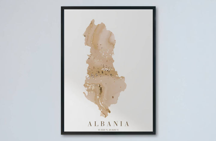 Artistic alcohol ink country outline of Albania presented in beige and gold shades for striking neutral home interior accents and focal points. Offered by MapYourDreams, this artwork is available in flexible options including unframed paper, custom wooden frames, and gallery canvas wraps.
